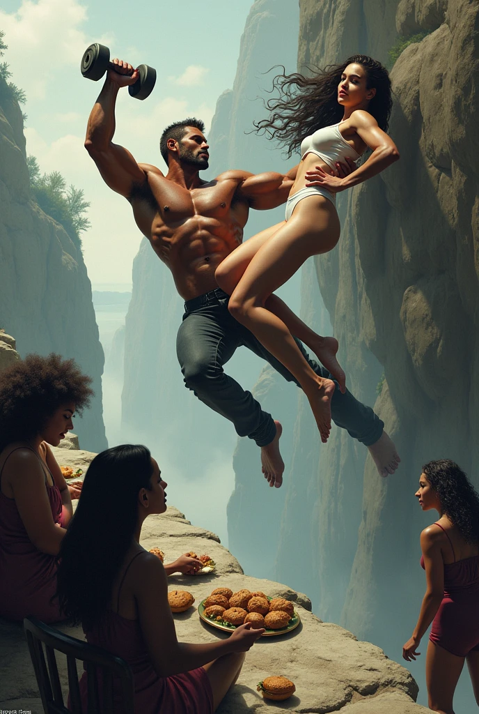a muscular brown guy falling off a cliff where he is holding a dumbell with one hand and is holding a beautiful white girls hand with his other hand and there is a guy from behind pulling this girl. and on the side of the cliff there are two fat black women eating sandwiches and in the corner is a skinny curly haired witch with an arched back standing.