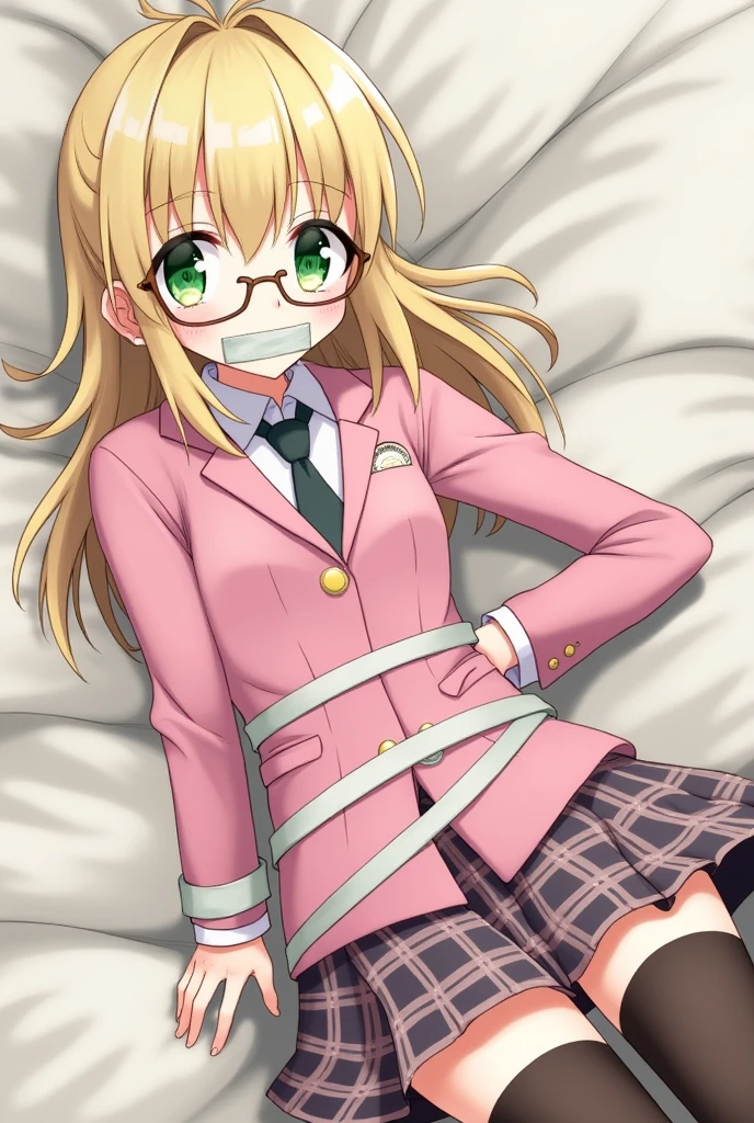 , green eyes, blonde hair, long hair, ahoge, bangs, glasses, school uniform, necktie, pink jacket, plaid skirt, skirt, short skirt, zettai ryouiki, embarrassed, tape, tape gag, gagged, tied, tied up, , tied wrists, hands behind back, tied ankles, tied arms to the body,