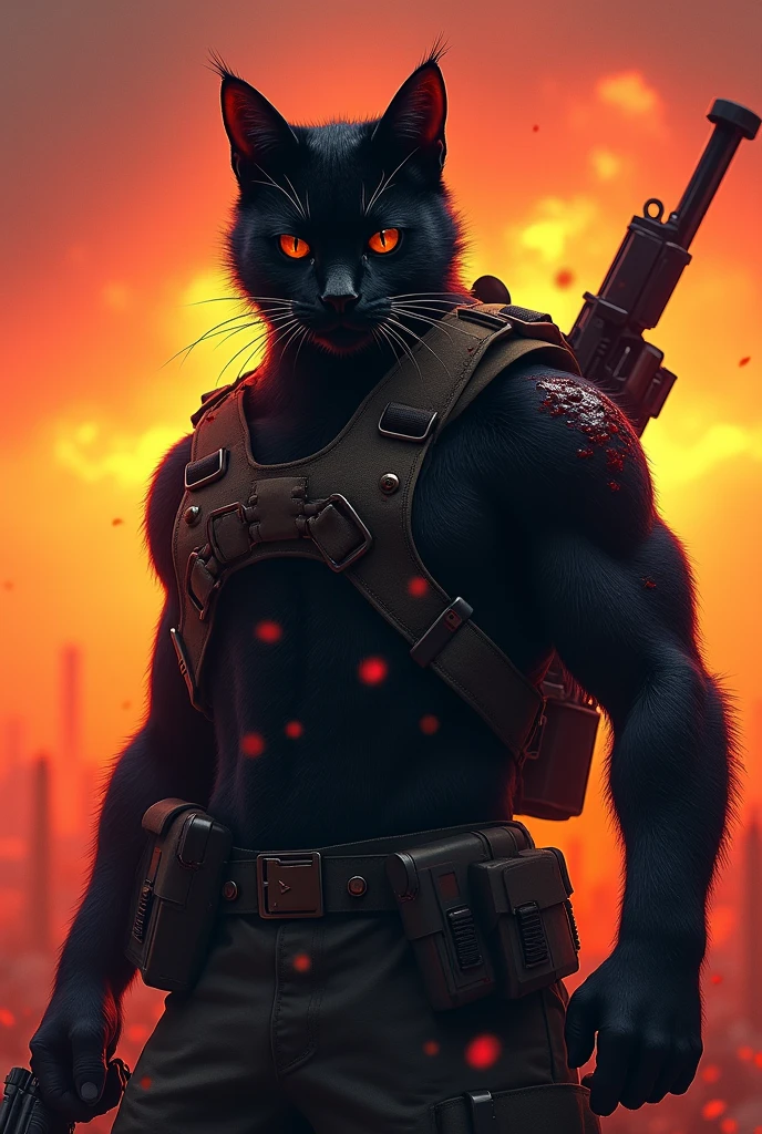 A black cat commando wearing a face mask, after winning a war coming out with multiple wounds on him with blood pouring out of his body and blood pouring out with guns and swords on his back with sun setting background
