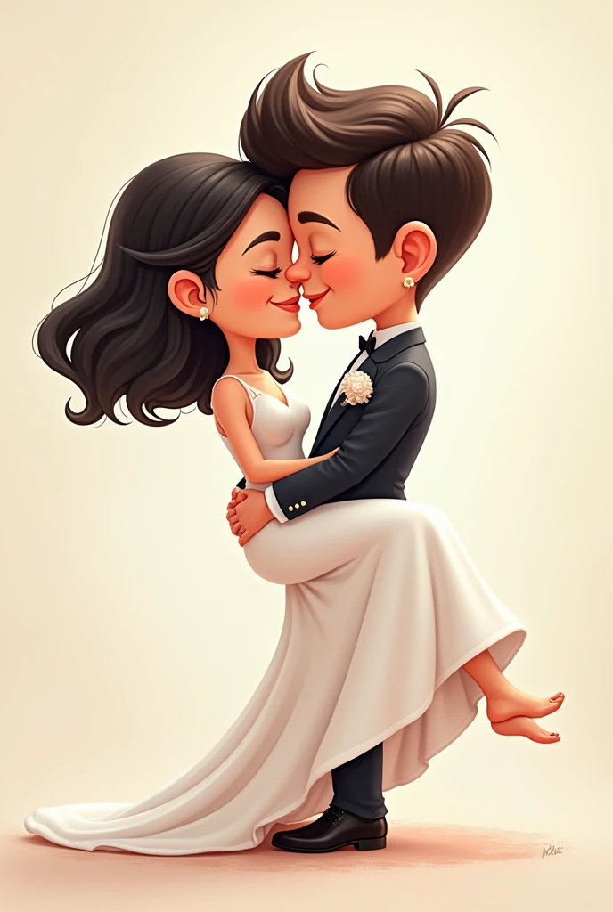 I want you to create a cartoon style bride and groom image. The groom and bride have black hair,  and the bride&#39;s hair is shoulder length, the bride is white and the groom is brown. into the image, the groom is holding the bride on his lap. The groom is a man and is taller than the bride. It also takes away the pink color from your face.. Do it with the groom holding the bride on his lap. And the groom is a little whiter 