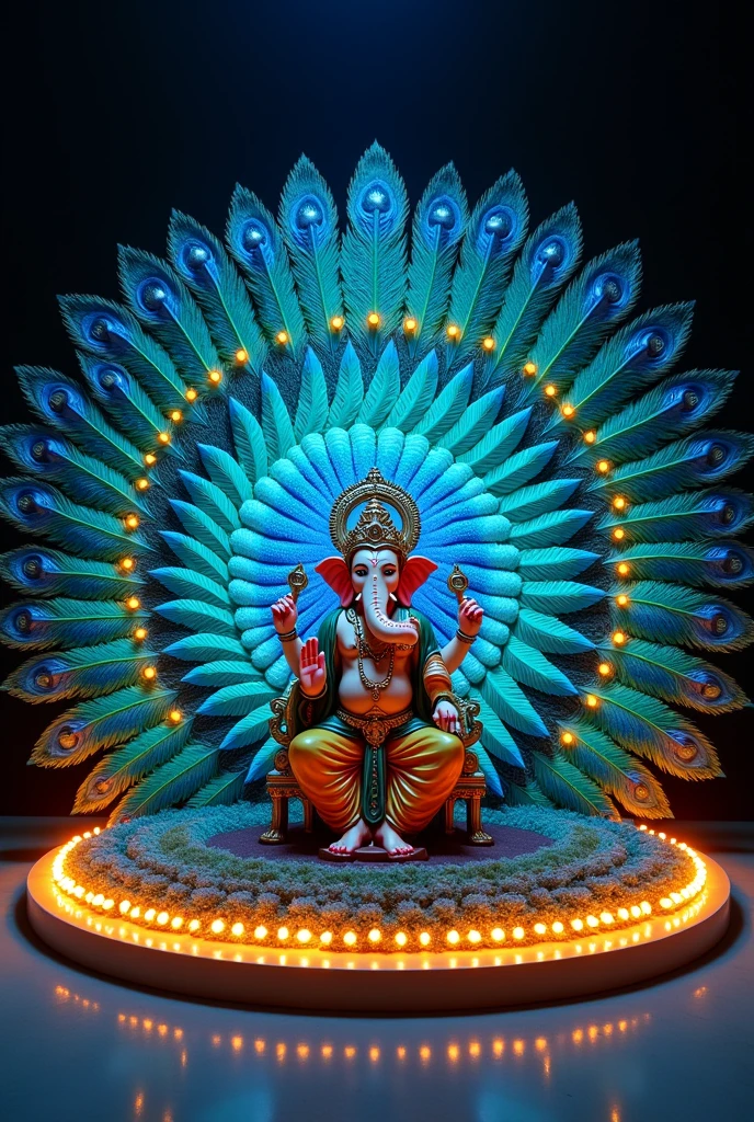 peacock feathers arrange in semicircle shape with lights on border ganpati in middle