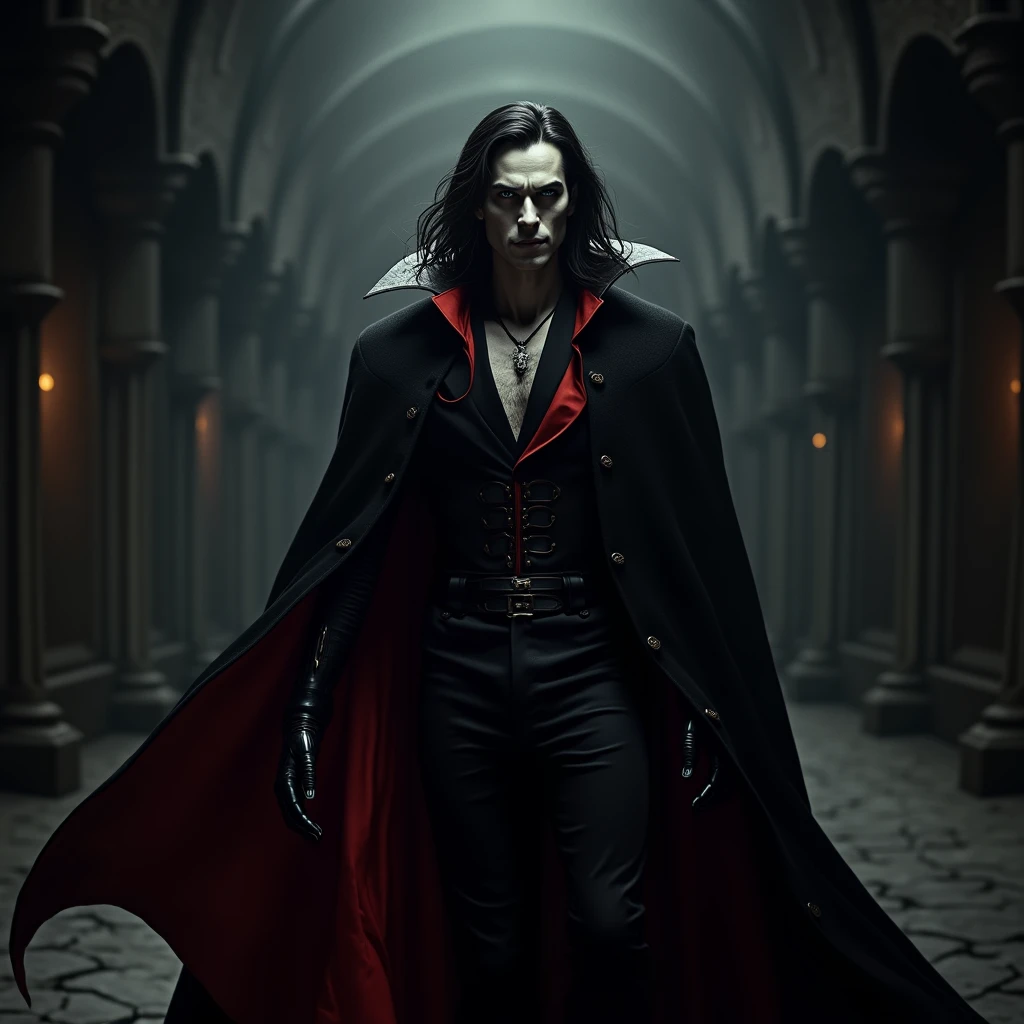 A pale, dark vampire lord with dark hair and a black robe that is red on the inside and black on the outside. uhd, super detailed, textured skin, high quality, High details, best quality, masterpiece, High resolution, anatomically correct,