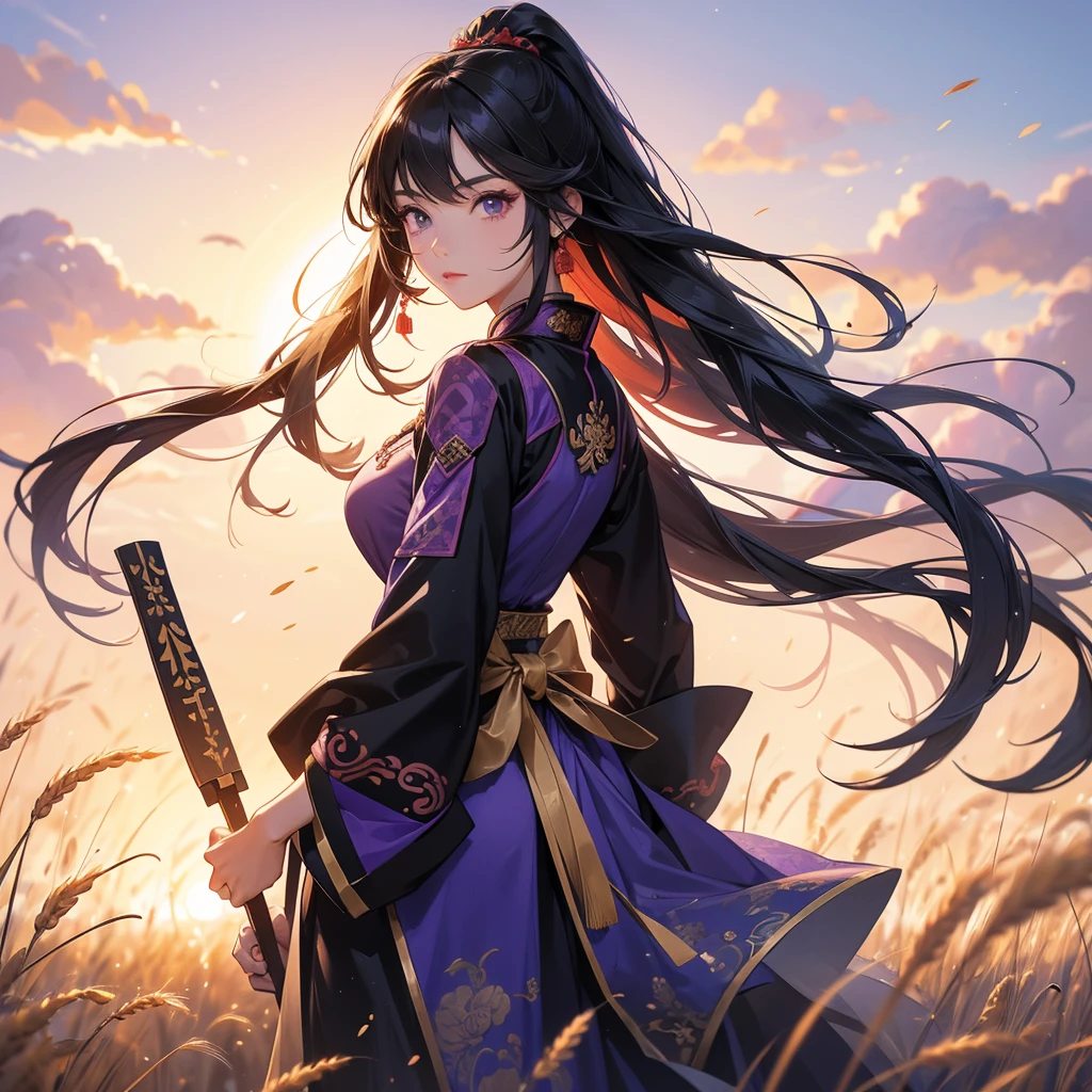 A beautiful female general holding a large spear in black-violet ancient Chinese general costume, standing in the middle of a wheat field. sunset , close up.