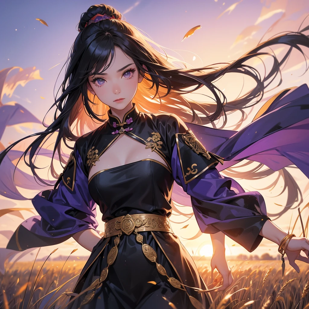 A beautiful female general holding a large spear in black-violet ancient Chinese general costume, standing in the middle of a wheat field. sunset , close up.