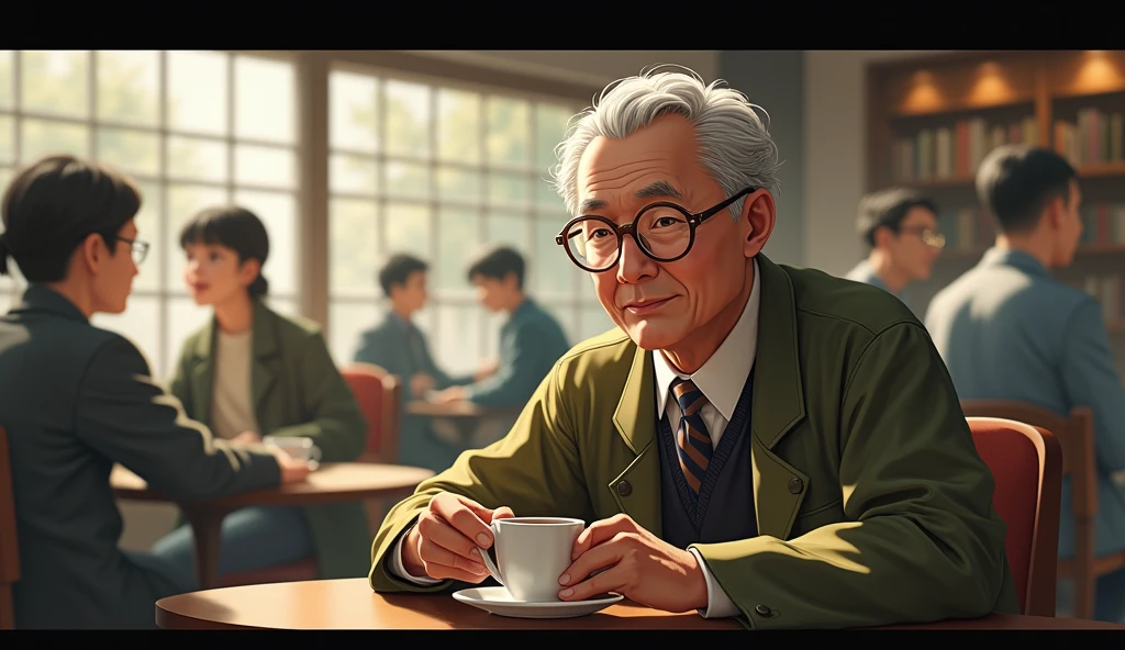 At the heart of our prestigious university lives an immortal guardian known as Mana. The guardian deity who used to be a mole decided to take on human form to better serve the institution. He is an elderly professor with a kind disposition,short hair,asian, wearing glasses that seem to reflect deep ancient wisdom. His eyes have a subtle glimmer that hints at his true nature. Mana is revered for his wisdom, kindness, and dedication to the well-being of the university and its inhabitants. Sitting in the campus café, having a cup of coffee.