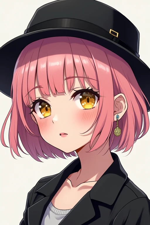 Highest quality,masterpiece,Detailed Plane Illustration,One person,short hair,Perm,Transparent pink hair,Yellow Eyes,Detailed Hair,Detailed face,Detailed eyes,Detailed mouth,Detailed nose,Detailed ears,Diamond earrings,Streetwear,Detailed clothing,Black Hat