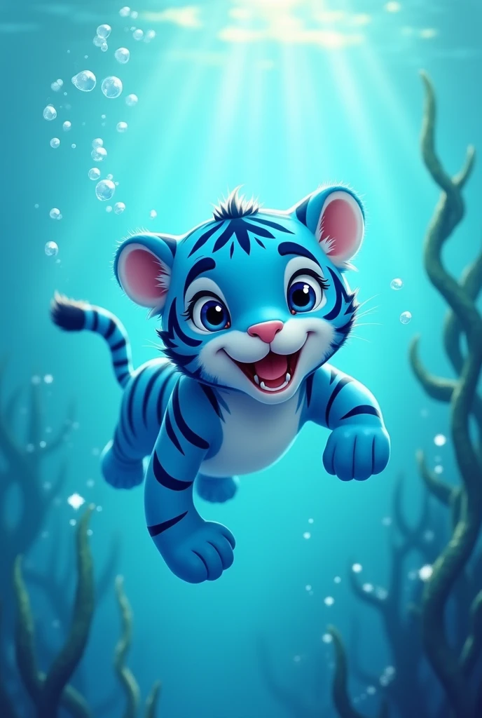 A blue tiger swimming and diving,cute style,