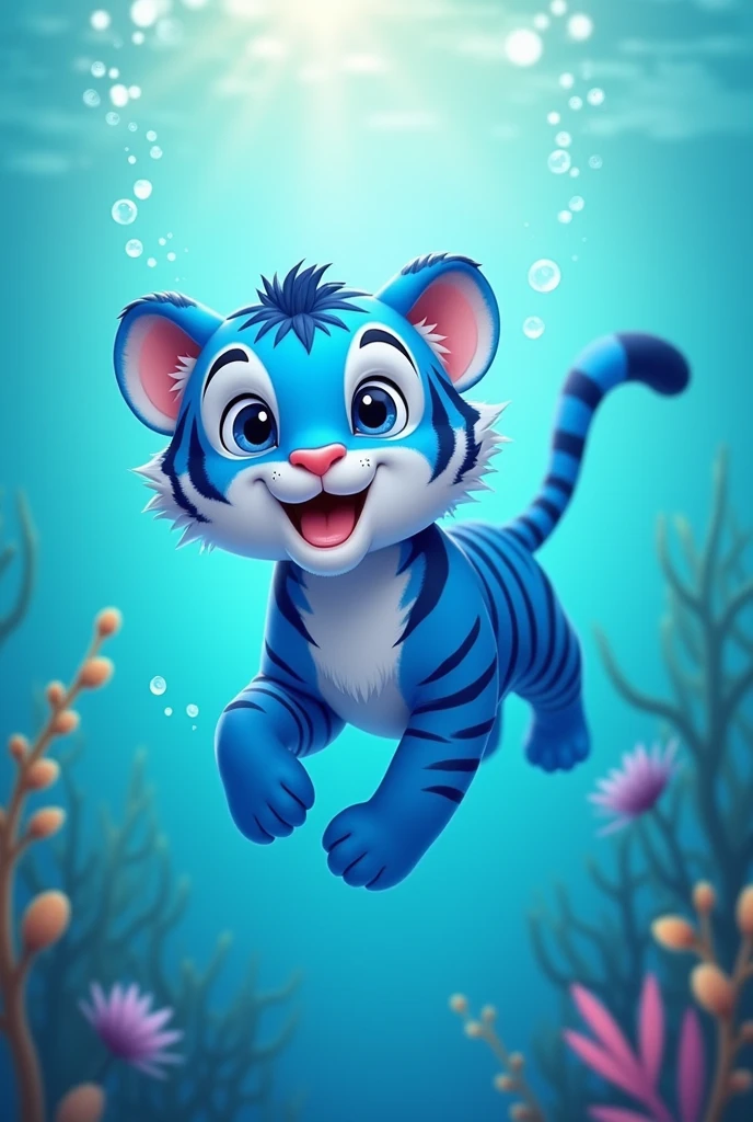 A blue tiger swimming and diving,cute style,