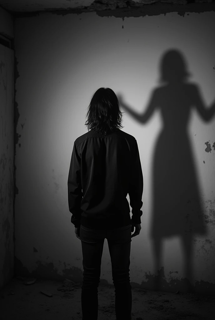 A b&w long shot of a man from behind facing a blank wall. He is wearing a black shirt and is 23 years of age. The man has long messy unkempt hair and is tilting his head facing the wall, mimicking a hanged dead body. He is in a dark,
dilapidated destroyed room with no light. It is a horror setting. The shadow of a girl in the same tilting pose appears much bigger on the wall. Both shadows are seen on the wall illuminated by lightning off-screen. The man's back is seen while he is facing the wall and the woman's shadow is only seen on the same wall in the same pose. They are tilting their heads
