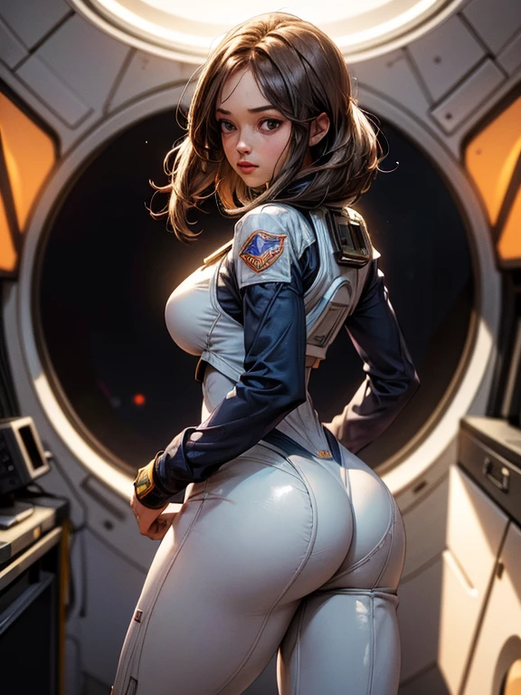 1girl,female astronaut,astronaut suit,full body astronaut suit,head to toe,ass view,round ass,tight buttcheeks,space,looking at planet earth,(best quality,4k,8k,highres,masterpiece:1.2),ultra-detailed,(realistic,photorealistic,photo-realistic:1.37),cinematic lighting,highly detailed,extremely detailed,intricate details,cinematic composition,dramatic lighting