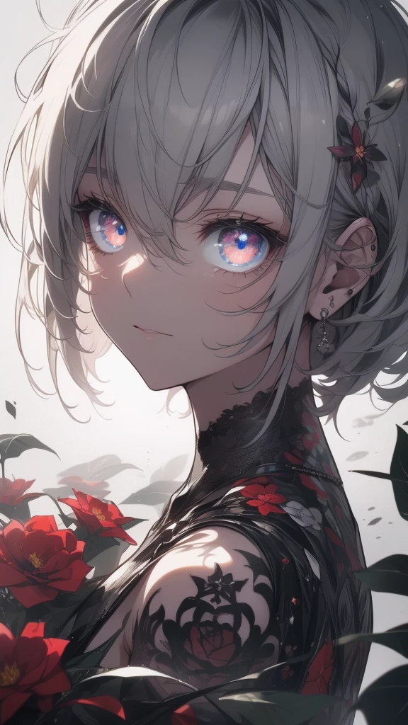((8k resolution))、((Highest quality))、((masterpiece))、((Very detailed))((((dramatic))), (((Rough feeling))), (((intense)))tattoo、Clear Shadows、Vibrant, front,flower々background、Rich colors，Be confident，coil，scene，Boldness，to attract attention，Smart、tendency、I focus,Gray Hair,Short Bob