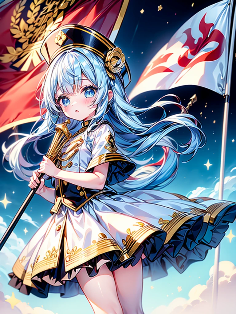 1girl、Dynamic composition、marching band、(((Masterpiece、Highest quality、Official Art、Super detailed、Handsome face、Dynamic composition)))、Anime Style、(Milky white and blue hair:1.3),(Blue eyes:1.4),(Bright colors:1.4),((Asanoha background:1.3)),, marching bandのユニフォームを着たクールな女の子, marching band hat、mini skirt, Frills, Black and white with gold embroidered flag held in both hands,(background:Large red flag on the back with gold floral embroidery, Note, )、euphonium、Huge Flag、Huge Flag