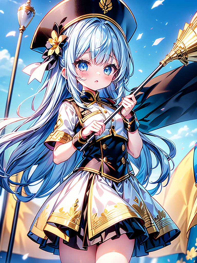 1girl、Dynamic composition、marching band、(((Masterpiece、Highest quality、Official Art、Super detailed、Handsome face、Dynamic composition)))、Anime Style、(Milky white and blue hair:1.3),(Blue eyes:1.4),(Bright colors:1.4),((Asanoha background:1.3)),, marching bandのユニフォームを着たクールな女の子, marching band hat、mini skirt, Frills, Black and white with gold embroidered flag held in both hands,(background:Large red flag on the back with gold floral embroidery, Note, )、euphonium、Huge Flag、Huge Flag