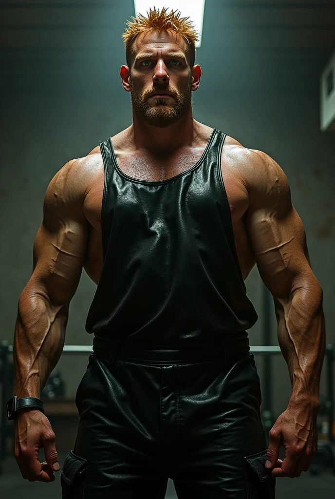 older men sweat bodybuilder . black leather janitor  clothing.  unhinged romatical.beatful .tall.giant bodybuilder.  whorms eye view. standing.short hair wild ginger. green eyes goofy. big lips.dark brown hair. Elegant. Gay porn pose