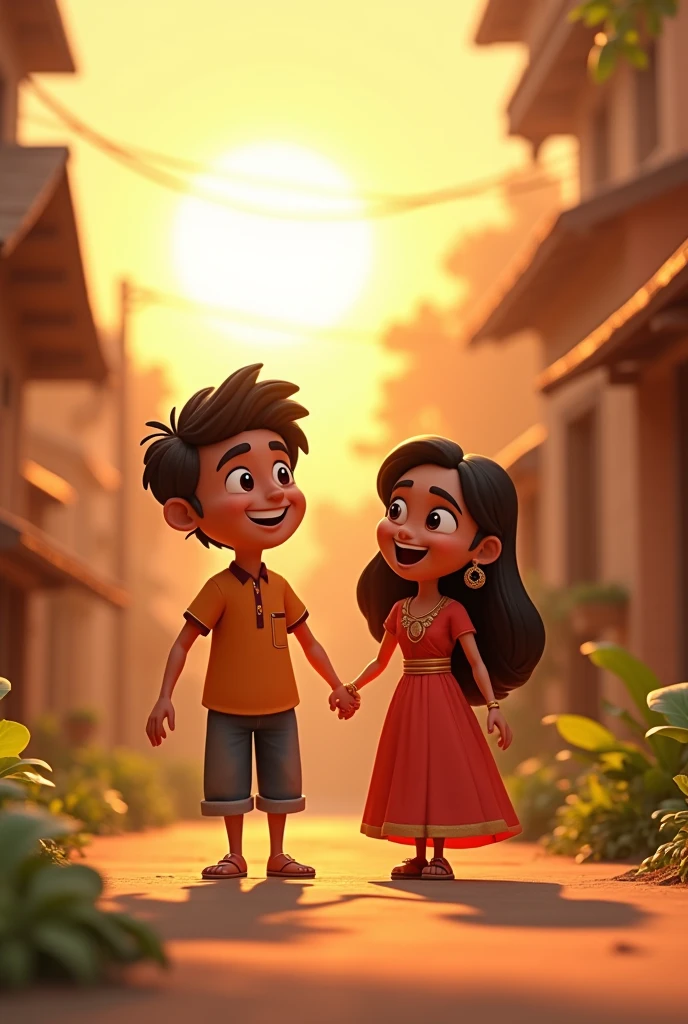 Generate a hight quality seen in cenematics 3d cartoon style The Happy Ending
Visuals: Raghav and Meenu smile and laugh, walking back home hand in hand. The camera pans out to show the peaceful village as the sun sets.
Prompt: "Raghav and Meenu walk back home, hand in hand, smiling, as the sun sets over their peaceful village."
These prompts should guide you through creating the animation scene by scene, capturing both the suspense and the light-hearted moments of the story