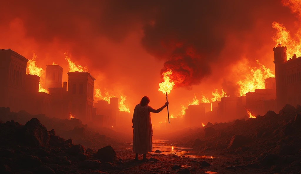 A vision of a flaming torch setting fire in Troy, night, dark, fire, red tone, bloody atmosphere, best quality, 8k