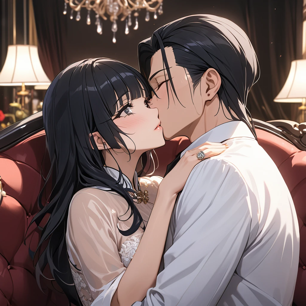 ((Highest quality)), ((masterpiece)), (detailed), (Perfect Face)、、The woman is Reika Aoki, the wife of a Chinese mafia boss, with medium-long black hair and an engagement ring.、On a luxurious sofa in a luxurious room, a woman is being held close and kissed by her beloved husband, the Chinese Mafia boss.