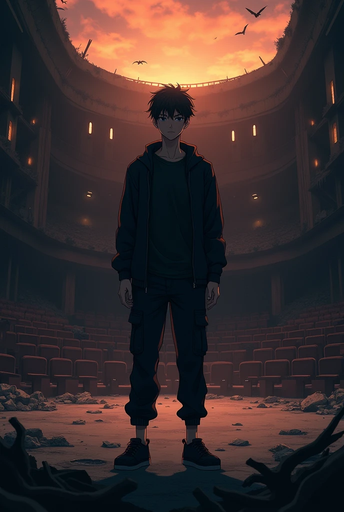 The image is anime style cowboy bebop and Darker than black with shadows and dim lights, anime style although somewhat adult and dark, It shows a single adult male aged 28., with black hair and black eyes, He is wearing a black t-shirt and black cargo pants and a black windbreaker.. He is standing in front of a destroyed theater, right on stage, sin techar, as the orange light of dusk filters through. on the stage