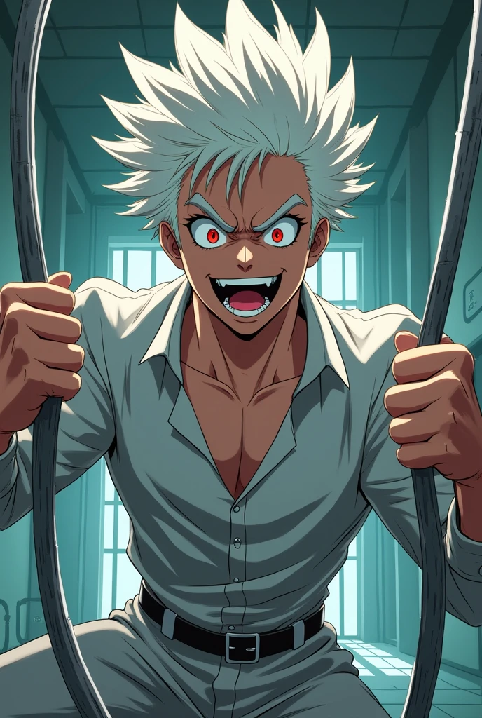 Man with white hair and red eyes, happy, with a smile, with a long-sleeved straitjacket, inside a room in a psychiatric hospital, bending the steel bars of his room. cheered up. anime.