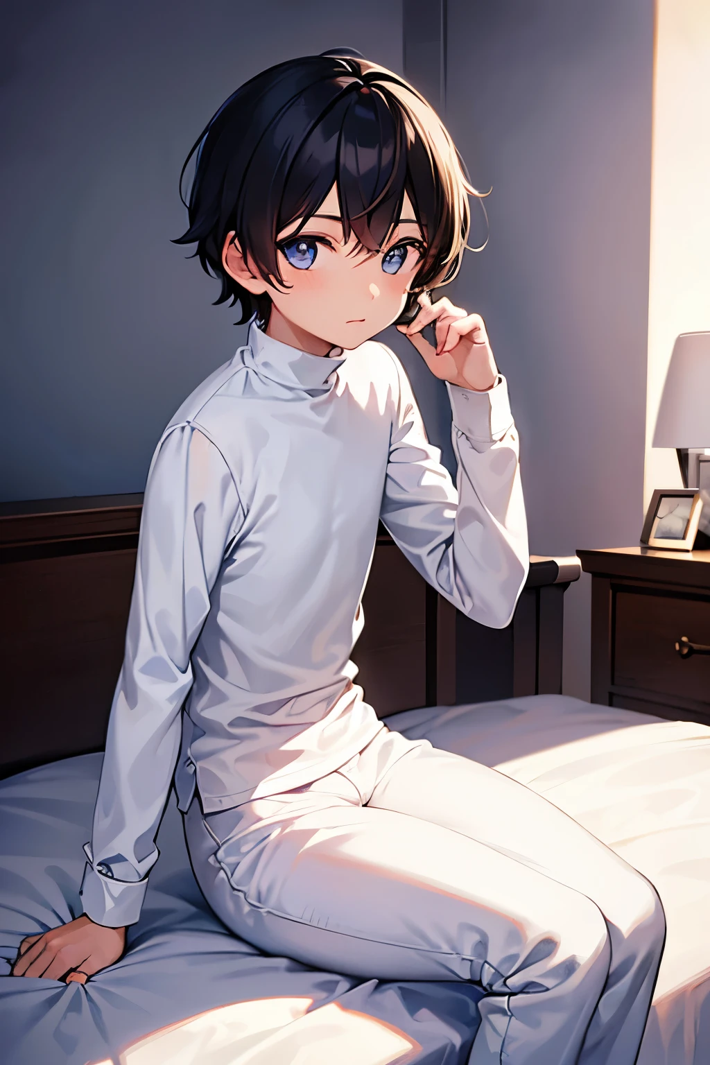 a boy sitting in a bedroom, wearing a white sleeve shirt and black long underwear, viewed from the side,