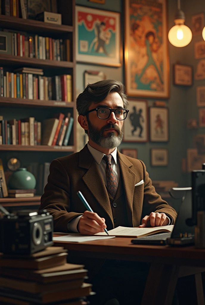Generate an image of cinephile, he must be an encyclopedia of films, his background surrounding mustbe shows his film enthusiasm,