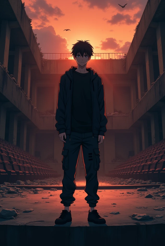 The image is anime style cowboy bebop and Darker than black with shadows and dim lights, anime style although somewhat adult and dark, It shows a single adult male aged 26., with black hair and black eyes, He is wearing a black t-shirt and black cargo pants and a black windbreaker.. He is standing in front of a destroyed theater, right on stage, sin techar, as the orange light of dusk filters through. on the stage