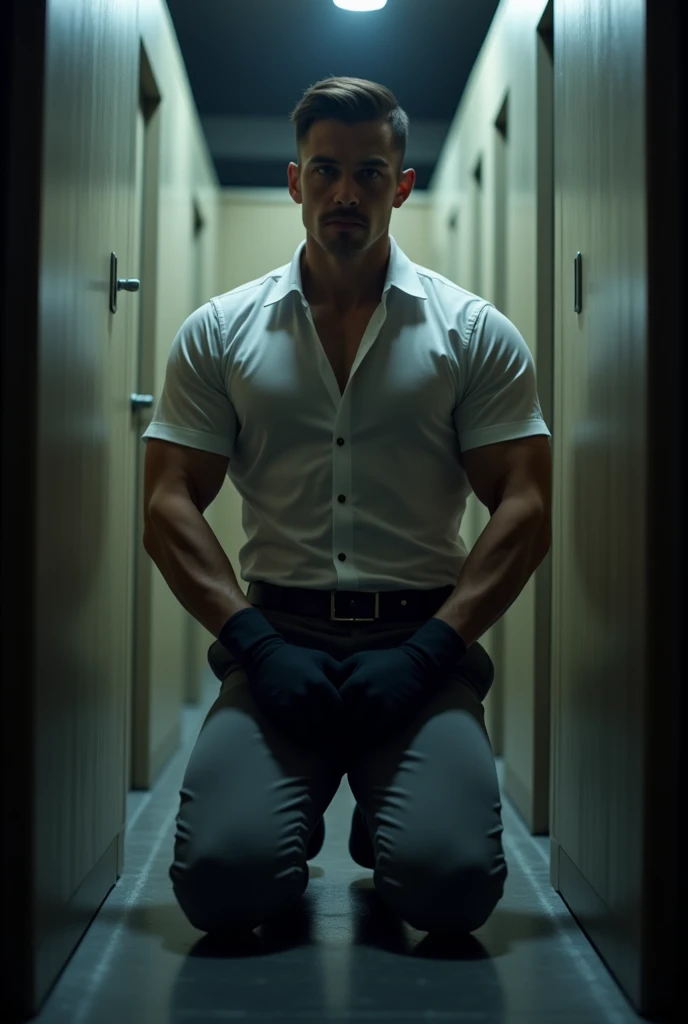  male butler ,thin mustache...,handsome ,Wear long sleeve smart  butler uniform shirt...............,grey beige tight trousers, ,((realistic super big tight butt wearing pants))............................. Black boots and dark navy gloves.,sit on the ground , His legs spread apart sitting kneeling facing the wall,.................... suggestive posing, showing off his back................................, butler Muscle Man , ((The arm muscles are very large...................)) ,large , Wide shoulders ,open legs, head turn slightly to looking back to the camera, rear shot.......................................... low angle looking up, wide angle, ((full body shot)).....................,Sexually suggestive, (Dynamic Poses:1.1) , thights , (Embossed Focus:1.2),On your knees........................., empty toilet cubicle at night, Best qualtiy , Wide lens from far ,deep depth of field ,Bokeh background
