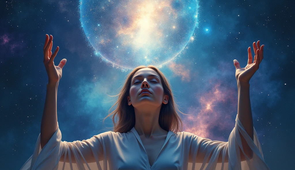 A close-up of a woman facing directly towards the viewer with a serene and determined expression, illuminated by a radiant beam of light emanating from a majestic galaxy in the background. The galaxy is filled with vibrant, swirling stars and nebulae, creating a cosmic atmosphere. The woman’s face and upper body are clearly visible, with her arms slightly raised as if receiving a cosmic message. The background features deep blues and purples, capturing the vastness of space. The overall mood is awe-inspiring and empowering, symbolizing the connection between the Earth and the universe, and reflecting the theme of changing the future with the power of a universal message.
