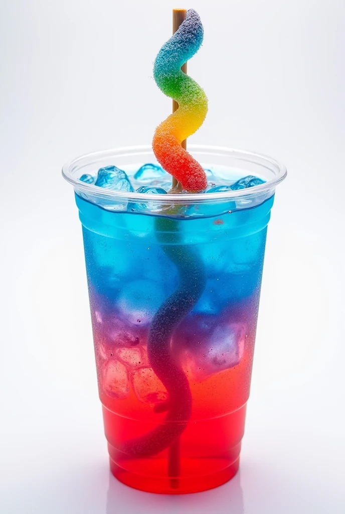 Soda drink. strawberry syrup below, then ice, then soda, purple gatorade and blue curacao. Create a layered effect. In plastic cup. It should also fizz a little. Blue amd purple at top. The color of blue and purple should be layered vertically. Red at the bottom. Remove strawberry. Add a STICK of rainbow gummy sour belts(gummy is flat then put in a stick in zigzag) FLATTER THAN THAT AND STICKED IN ZIGZAG VERTICAL COLORS PF RAINBOW (GUMMY IS FLATTER)