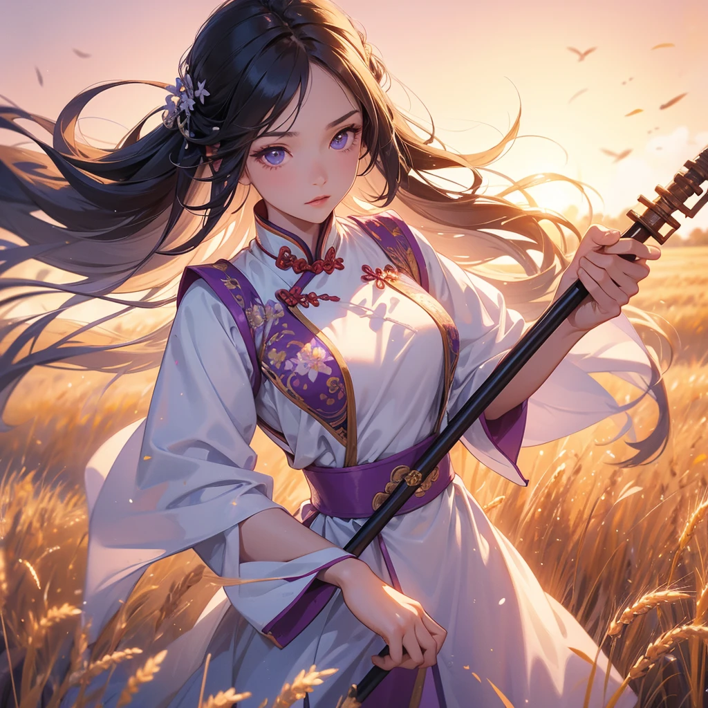 A beautiful female general holding a large spear in white-violet ancient Chinese general costume, standing in the middle of a wheat field. sunset , close up.
