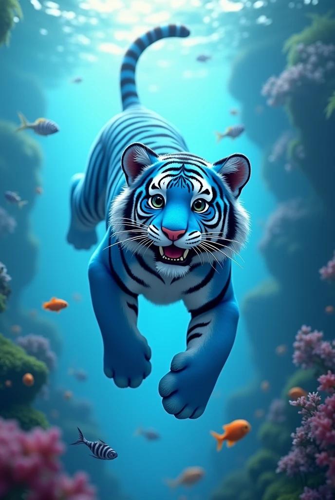 A blue tiger swimming and diving,cute style,Realistic and cute