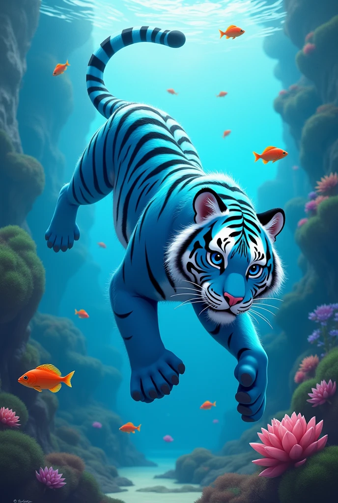 A blue tiger swimming and diving,cute style,Realistic and cute