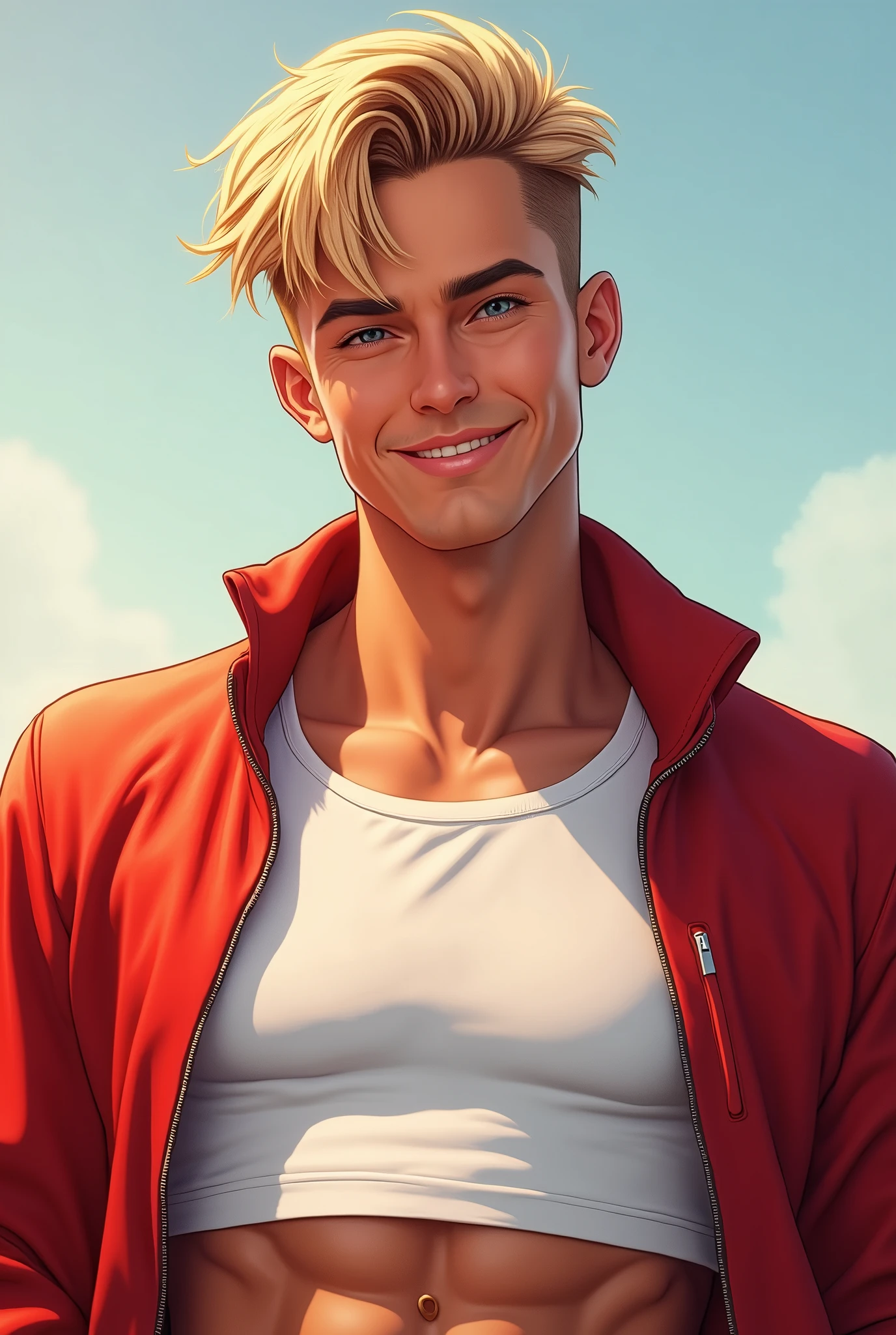 Very tanned man with blond, straight, short hair and blue eyes, he has a white crop top and red jacket, he has a smile on his face
