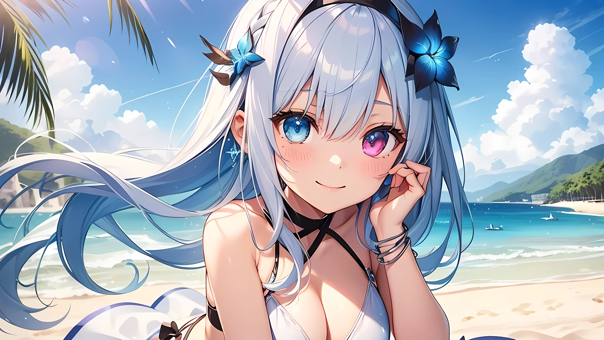 Best quality、Photorealistic、Ultra-detailed、delicate、Orderly、High Detail、Bluish Silver Short Bob、(Drooping heterochromia iris,glowing eyes、Sparkling Eyes:1.3)、Slender、(One girl:1.2)、(Halter Bikini、blue sea、White sand beach、Okinawa beaches、Crimson Sun、seven seas、Season of Love、smile:1.3)、Ambient Occlusion、Ambient Light、Ray-traced Reflections、Glow、Shiny Hair、