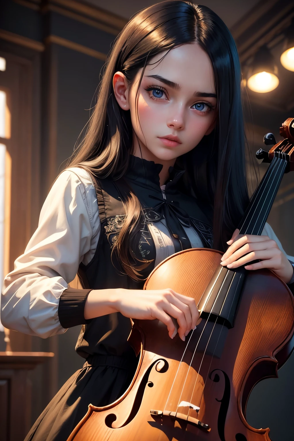 a European girl with long black hair, arrogant expression, bright blue eyes, red chic modern streetwear clothes, musician, cello player, beautiful detailed eyes, beautiful detailed lips, extremely detailed eyes and face, long eyelashes, portrait, photorealistic, photo-realistic:1.37, (best quality,4k,8k,highres,masterpiece:1.2),ultra-detailed,(realistic,HDR),studio lighting,ultra-fine painting,sharp focus,physically-based rendering,extreme detail description,vivid colors,bokeh, american plan