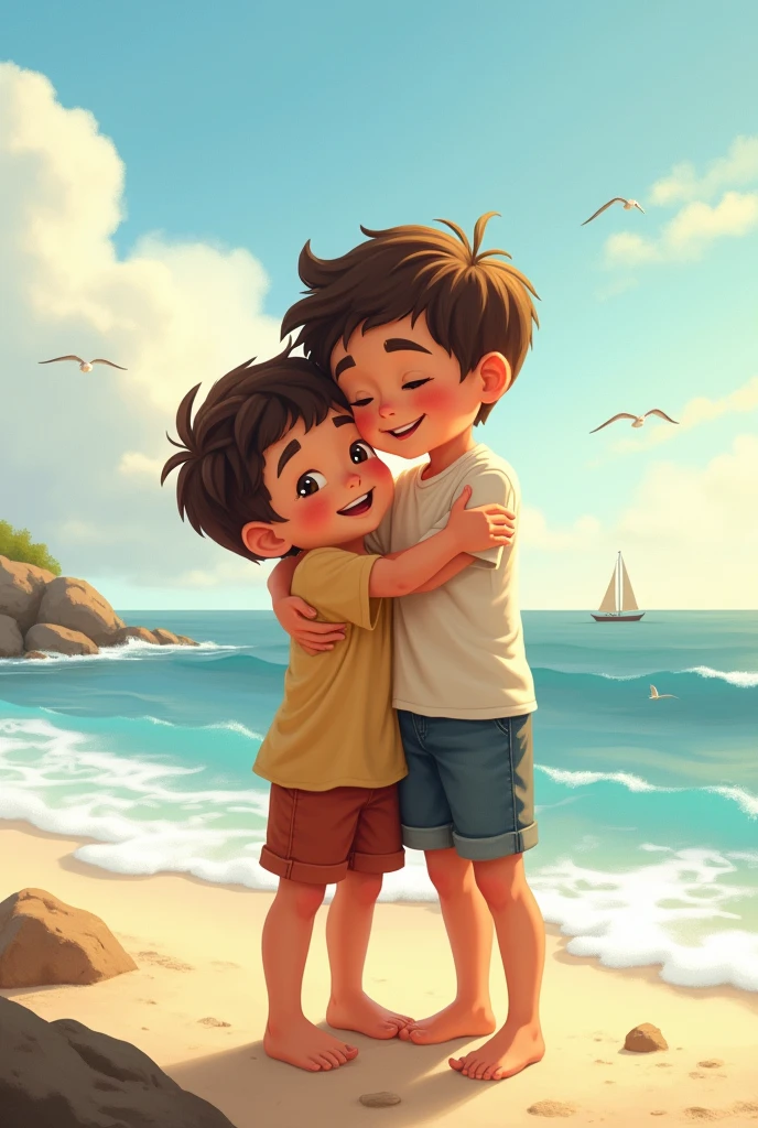 two boys hugging in the beach