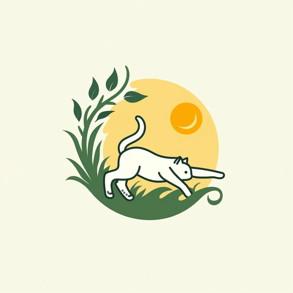 a modern and minimalist logo design for  'Morning Mobility,' a community focused on enhancing personal flexibility and well-being. Incorporate a stylized cat stretching it's body to symbolize grace and agility, integrating elements of movement like flowing lines. Use a color palette that reflects morning energy and vitality, like yellows and fresh greens. a high-quality, conceptual, and visually impactful logo design, circle shape