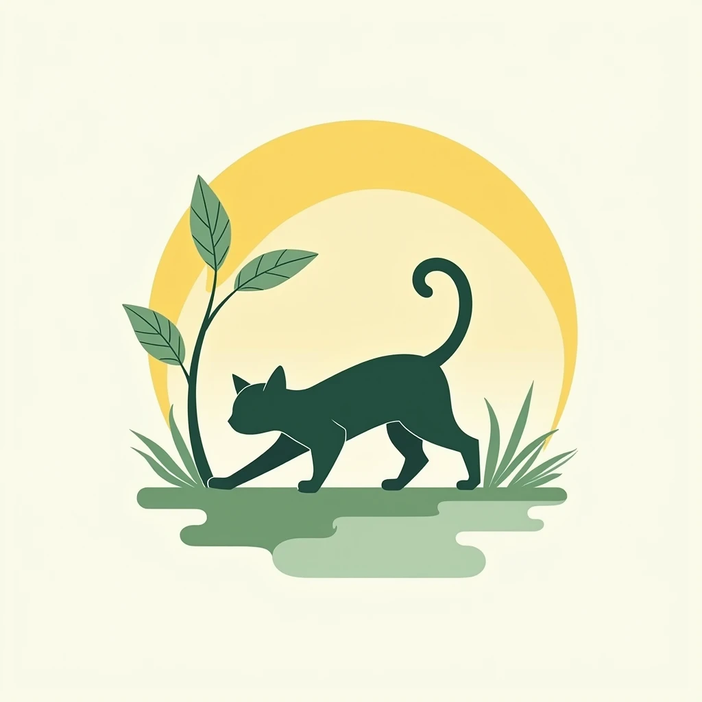 a modern and minimalist logo design for 'Morning Mobility,' a community focused on enhancing personal flexibility and well-being. Incorporate a stylized cat stretching it's body to symbolize grace and agility, integrating elements of movement like flowing lines. Use a color palette that reflects morning energy and vitality, like yellows and fresh greens. a high-quality, conceptual, and visually impactful logo design, circle shape