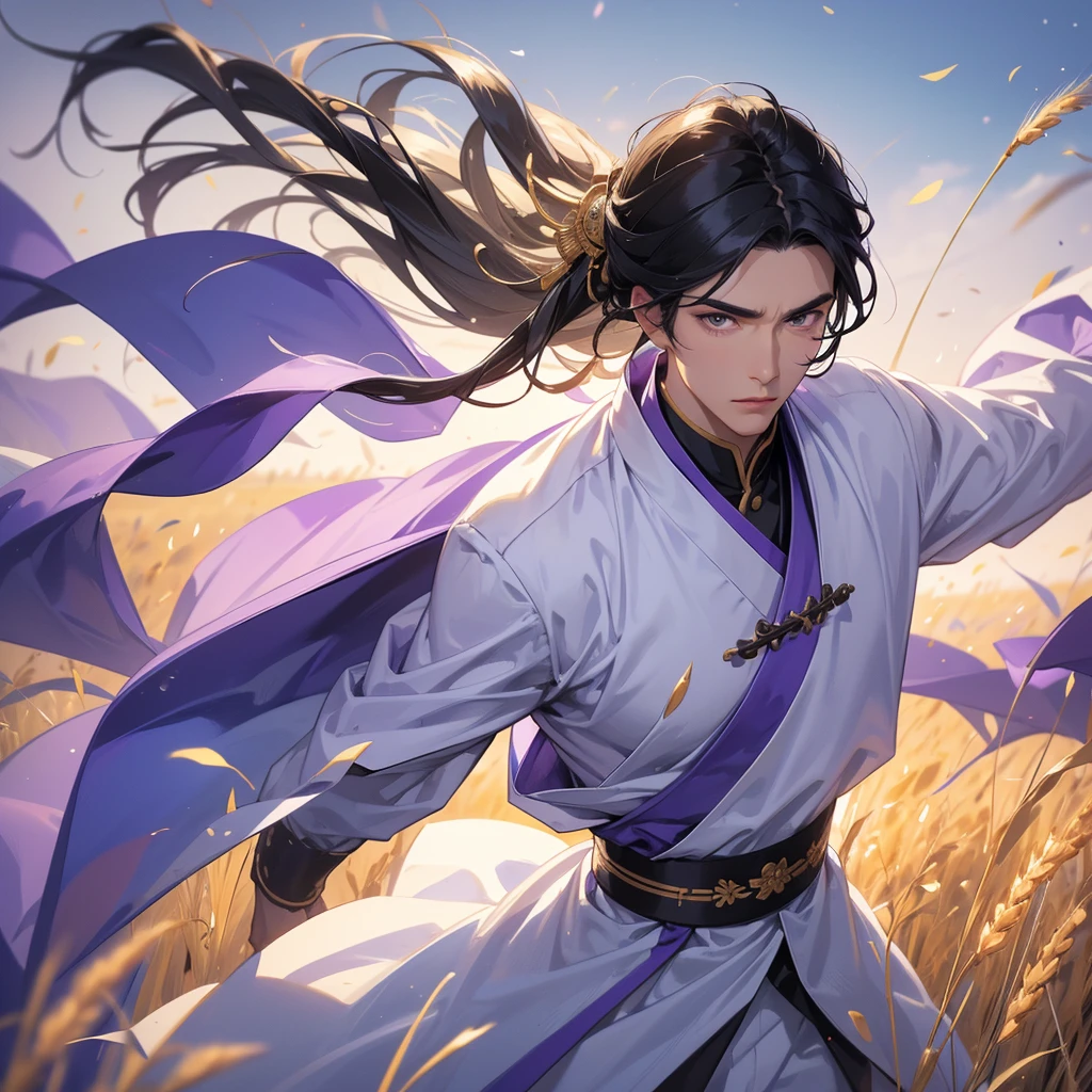 Handsome black-haired male general holding a large sword in white-violet ancient Chinese general costume, standing in the middle of a wheat field, close up.