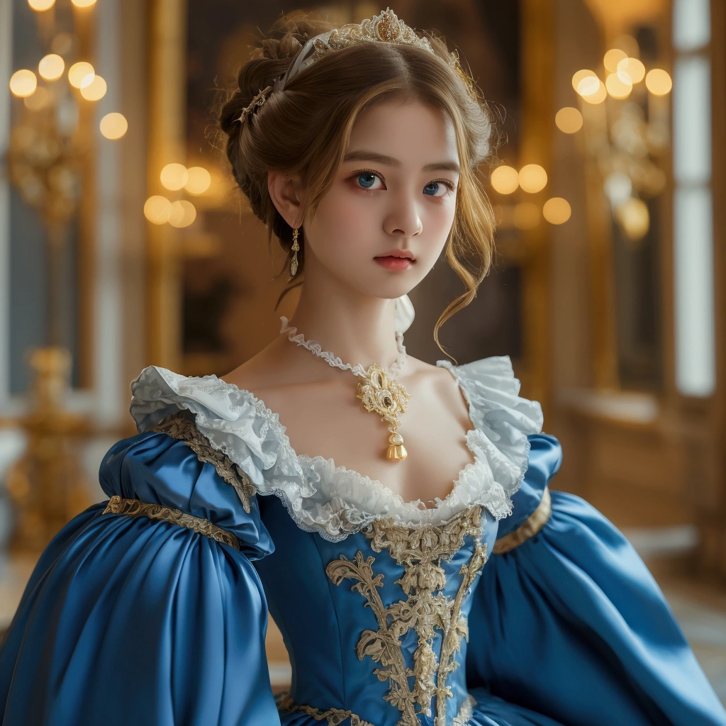 ,Highest quality, masterpiece, Highest Resolution, artwork, super それにGet used to it, many Get used to it, Get used to it, それにGet used to it, 3K realistic photo,,,((Young short girl 1.6)),Very detailed boy's face,Long Hair,The girl is a princess,(((Full-length ball gown dress with hoop skirt))),Frilled yoke collar,Puff sleeves,Lace-up ribbon on chest,Long sleeve,((Victorian Blue Detailed Princess Satin Dress、Lots of frills and ribbons。)),Rococo style,(((Detailed braided chest 1.6)),Glossy silk satin dress,Soft and smooth fabric,luxury,Long Wavy Hair,Inside a Medieval European Palace,