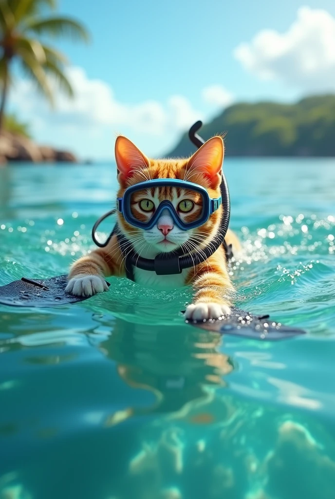 (masterpiece:1.2, Highest quality, Ultra-high resolution, Very detailed, Realistic, RAW Photos:1.2, Elaborate photos), 8k, wallpaper, (Ray Tracing), (A cat wearing scuba diving equipment, including a tiny oxygen tank, goggles, and flippers), (The cat is swimming on the surface of the water in a serene tropical ocean), (Clear blue water with small waves, the cat's fur slightly wet, with a determined expression as it paddles along), (Reflections of the cat and the sunlight glimmering on the water, distant islands and palm trees on the horizon), A photo capturing the adventurous spirit of a cat swimming on the ocean’s surface, equipped with scuba gear and surrounded by the beauty of a tropical seascape.