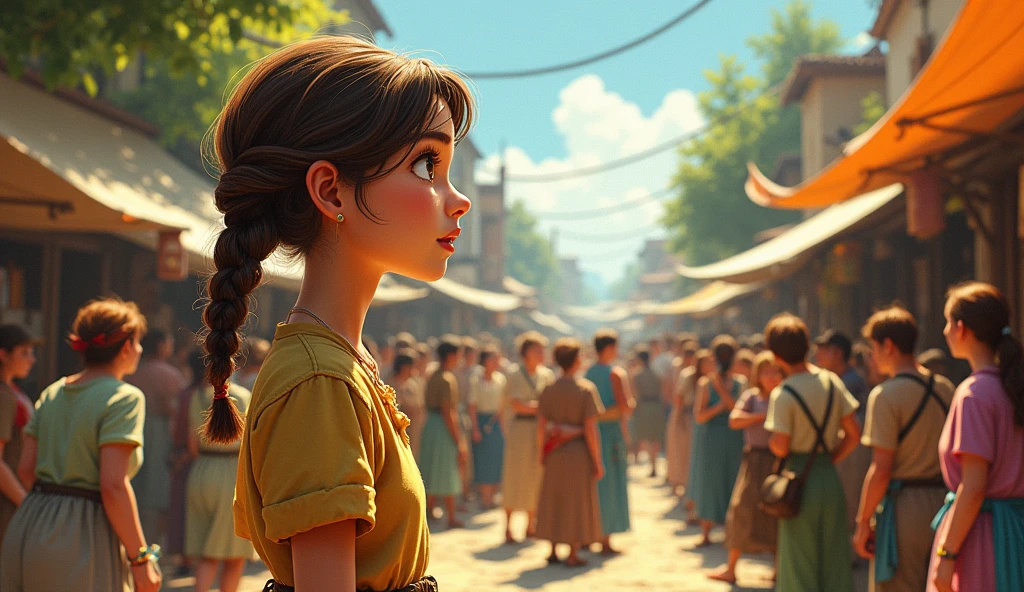 Character Description: Lily is now resourceful and clever, her demeanor reflecting her growth throughout the story. Her braid is neatly tied, and she wears the same simple dress, but with more confidence. Her eyes sparkle with the excitement of her plan
Prompt: A vintage-style illustration of Lily talking to a group of villagers in the market, spreading the rumor about the legendary compass. The villagers, intrigued, listen closely as Lily describes the treasure legend. The market is busy, with various stalls and people going about their day, but the focus is on the small crowd gathered around Lily. The colors are warm and inviting, capturing the energy of the market