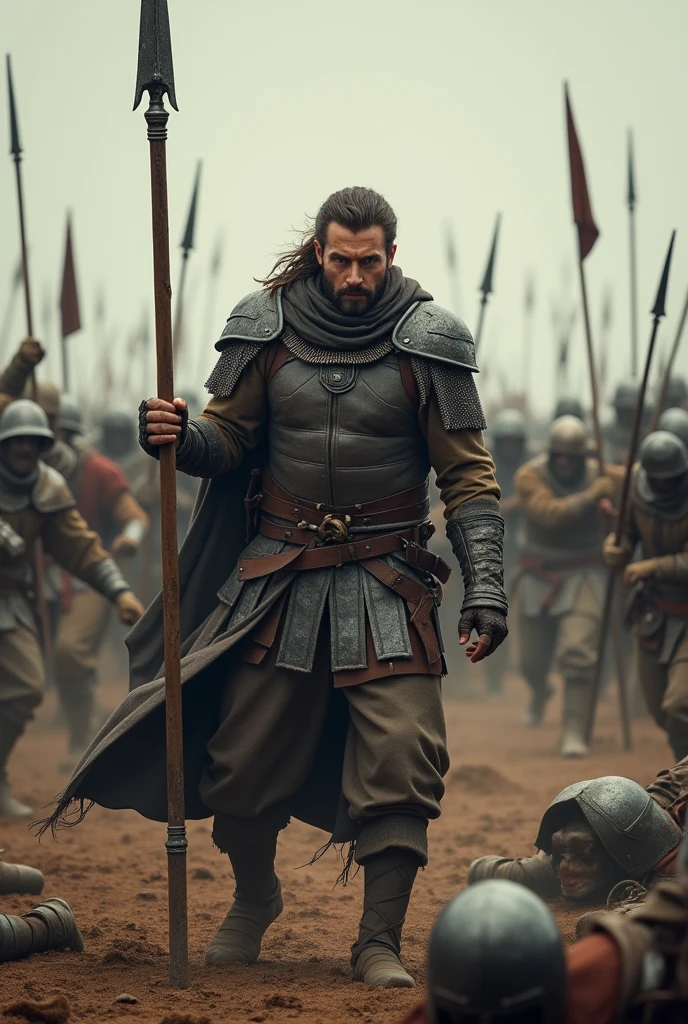 Man with a spear, in a medieval battle, his accomplices defeated him, there are many enemies, Adam is protecting everyone from the enemy, enemies without spears, his partners are dead