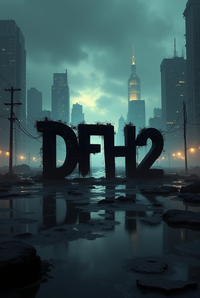 "Create a dark-colored image with a city background that also shows the sky. Place the letters 'DFH²' in a hip hop or rap-style font."
The letters should be in uppercase and color black