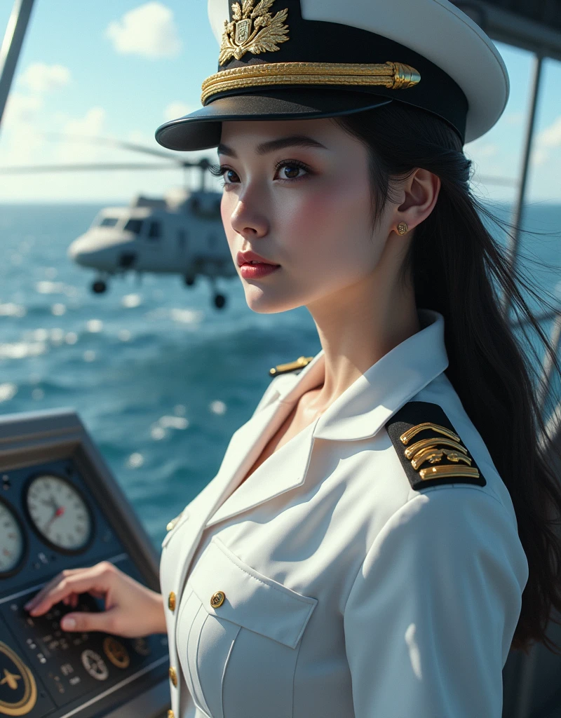 Photo-realistic, ultra-realistic, (very beautiful Japanese, her beautiful face is looks like a famous Japanese idol:1.3), (naval commander), wearing a white naval uniform, dynamic angle, at bridge of a large battleship, ready to battle, monitoring enemy ships, (tense expression:1.5), military large helicopter