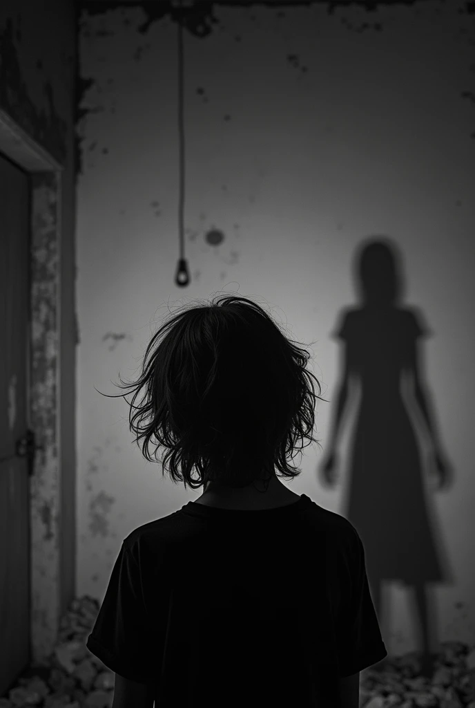 A b&w long shot of a man from behind facing a blank wall. He is wearing a black shirt and is 23 years of age. The man has long messy unkempt hair and is tilting his head facing the wall, mimicking a hanged dead body. He is in a dark,
dilapidated destroyed room with no light. It is a horror setting. The shadow of a girl in the same tilting pose appears much bigger on the wall. Both shadows are seen on the wall illuminated by lightning off-screen. The man's back is seen while he is facing the wall and the woman's shadow is only seen on the same wall in the same pose. They are tilting their heads. The girl's shadow is of a
hanged dead body with a tilted head