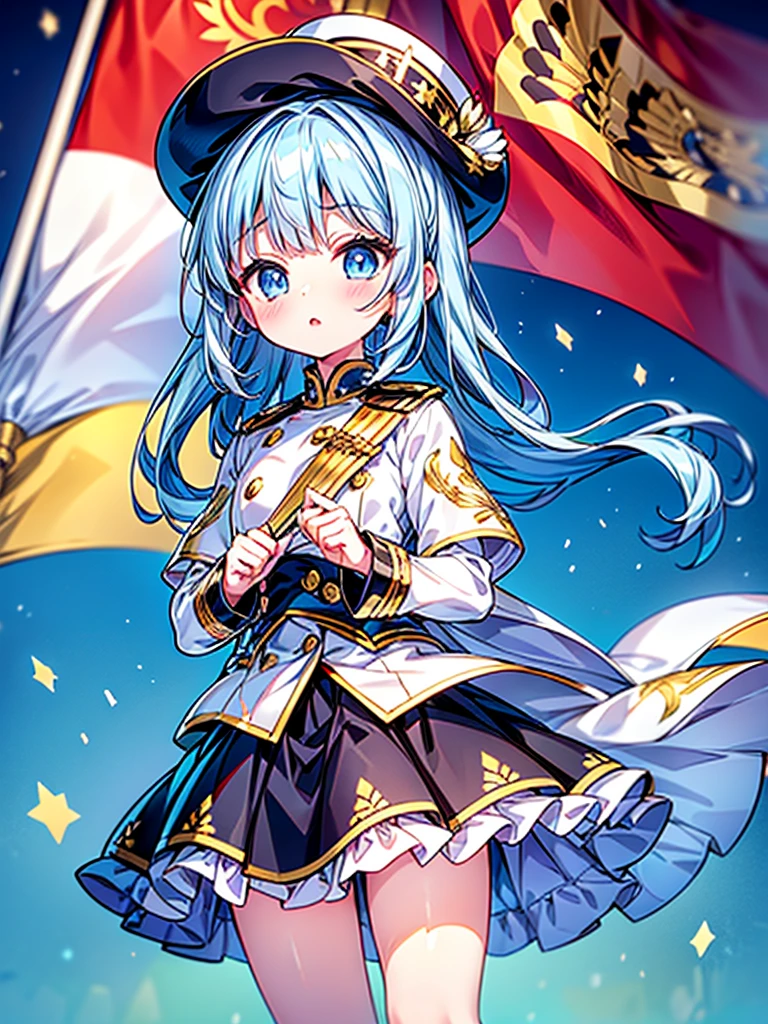 1girl、Dynamic composition、marching band、(((Masterpiece、Highest quality、Official Art、Super detailed、Handsome face、Dynamic composition)))、Anime Style、(Milky white and blue hair:1.3),(Blue eyes:1.4),(Bright colors:1.4),((Asanoha background:1.3)),, marching bandのユニフォームを着たクールな女の子, marching band hat、mini skirt, Frills, Black and white with gold embroidered flag held in both hands,(background:Large red flag on the back with gold floral embroidery, Note, )、euphonium、Huge Flag、Huge Flag