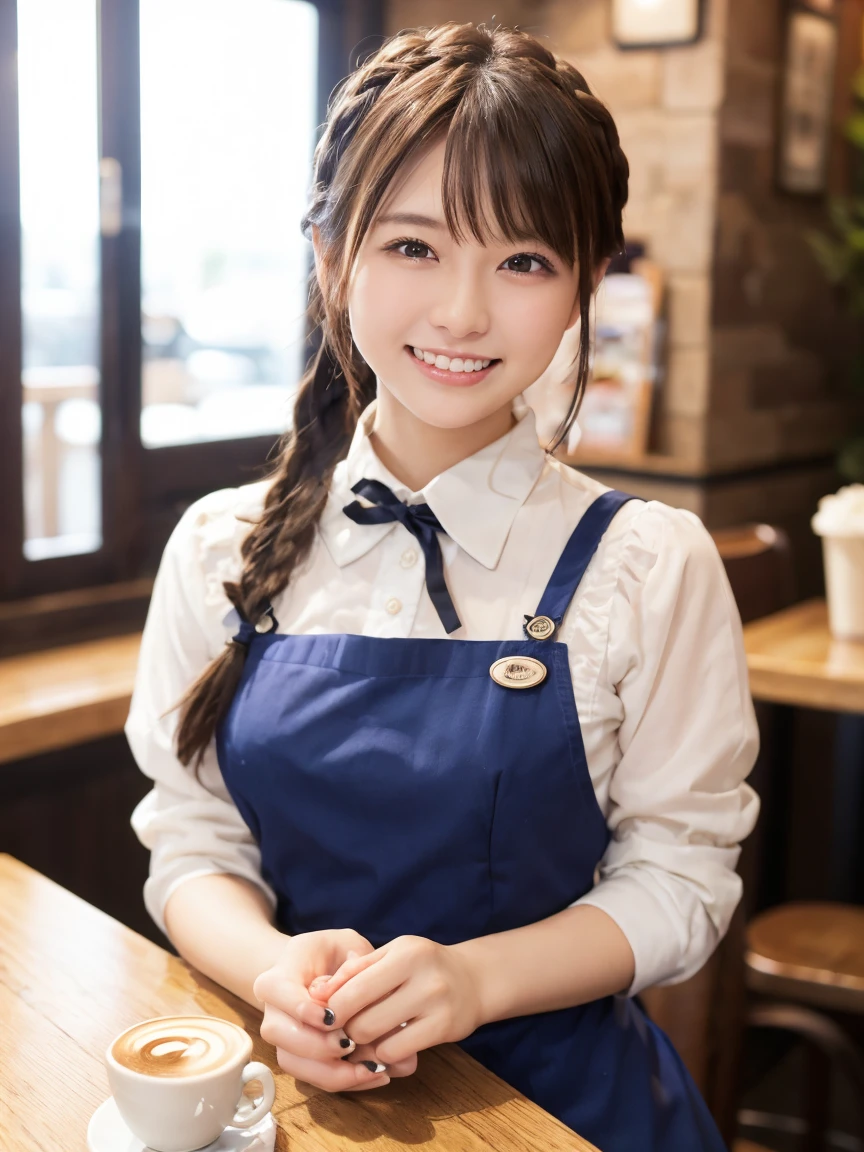 1 girl、(RAW Photos、Highest quality)、(Real、フォトReal:1.4)、Tabletop、Very delicate and beautiful、Very detailed、2k wallpaper、wonderful、Detailed、Very detailedCG Unity 8k壁紙、Super detailed、2、High resolution、Blue waitress outfit、Long skirt、Frills、ribbon、Soft Light、Beautiful detailed girl、Cafeのウエイトレス、Short Medium Hair、Braided Hair、Very detailed目と顔、smile、Happy Face、Cafe、coffee shop、Latte Art