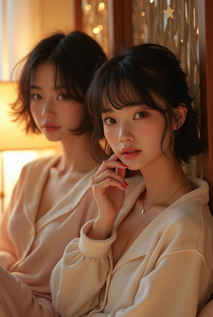 ((Best quality)), ((tmasterpiece)), (the detail:1.4), morden style，Girls in a modern style，issuance，Short hair details，tying  hair，messy  hair，pyjamas，leisure wear，clavicle，nail art，lazy girl，pillow head，short  skirt，pyjamas，What about the lattice，corduroy skirt，black tea soft light，Gradient eyes，ssmile，White stockings，slippers，Full body like，Ultra-realistic realism，high detal，romanticism lain， Movie Lighting， Sparkling， reflective light， tmasterpiece， super detailing， textureskitomical correct， high detal， Best quality， high high quality，Award-winning、8k