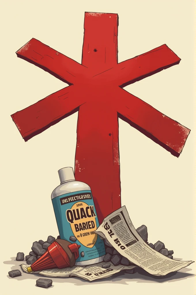 Draw a red cross over a quack product or advertisement, showing that it’s being discarded or ignored.